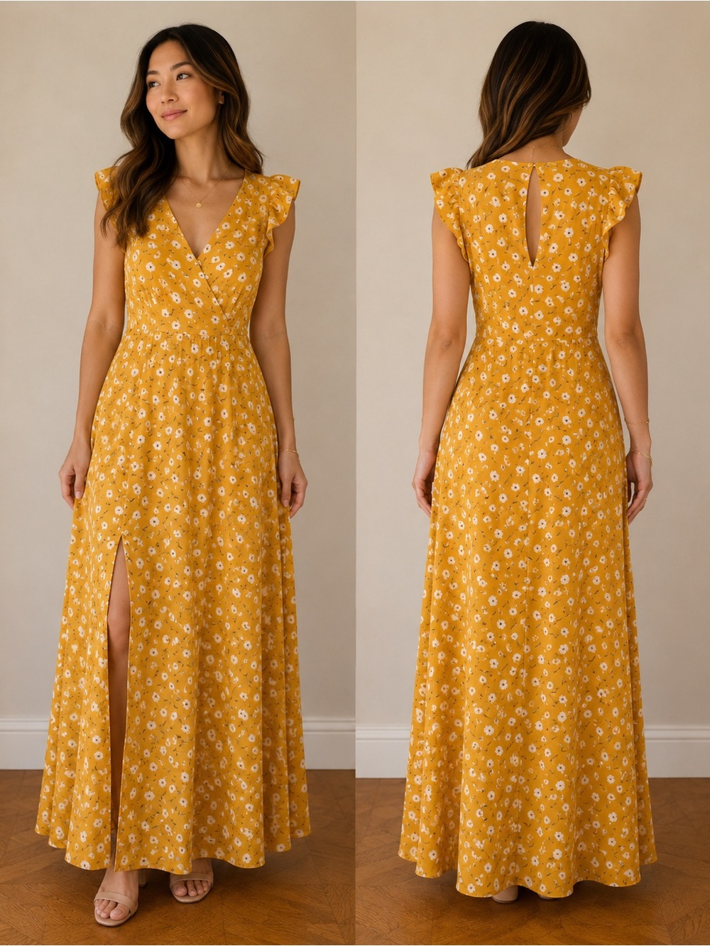 Mustard, yellow maxi dress with white flowers